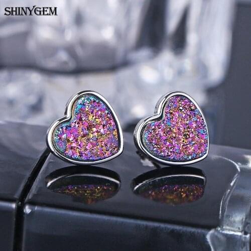 ShinyGem Cute 10mm Love Heart Natural Crystal Druzy Stone Earrings For Women 925 Sterling Silver Fashion Design Stud Earrings