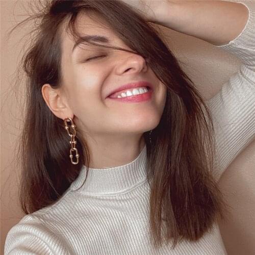 Trendy Gold Color Ball at Side Special Chain Linked Drop Earrings For Women Girl Modern Runway Show Gift Unique Jewelry