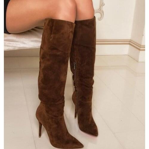 Moraima Snc Brown Suede Knee High Boots Woman Sexy Pointed Toe Thin Heels Shoes Runway Fashion Long Boots 35-42