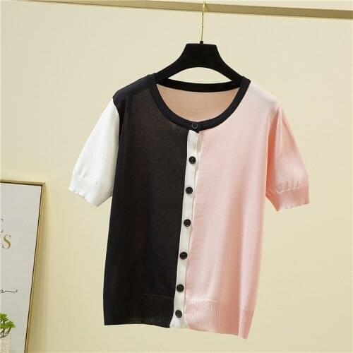 Summer New Womens Knitting Sweater Short Sleeve Patchwork Button Casual Knitted O Neck Loose Slim Single Breasted Knit Female