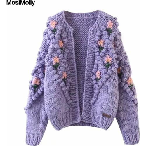 MosiMolly Flower Pom Pom Handmade Crochet Knits Cardigan Women Autumn Winter Boho Jumper Loungewear Open Stitch Cardigan
