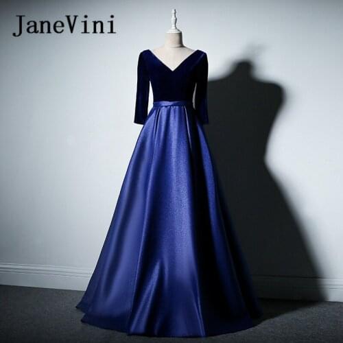 JaneVini 2018 Royal Blue Simple Long Bridesmaid Dresses A-Line V-Neck 3/4 Long Sleeves Floor Length Occasion Dresses for Women