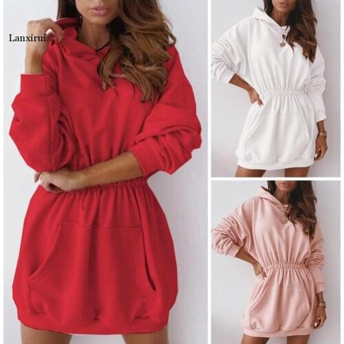Women Casual Winter Solid Color Pullover Dress Long Sleeve Hoodie Sweatshirt