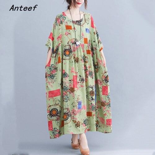 Short sleeve cotton vintage floral dresses for women casual loose long woman summer dress elegant clothes 2021