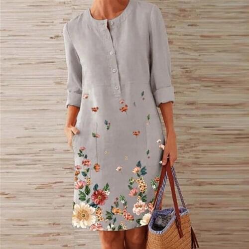 Elegant O-Neck Floral Print Women Party Dress Vintage Linen Long Sleeve Button Lady Mini Dress Autumn Femme Vestido Streetwear