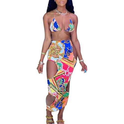 2 Pcs Women Summer Outfits Adults Sexy Tie-up Low-cut Printed Halter Crop Tops + Cutout Skirt