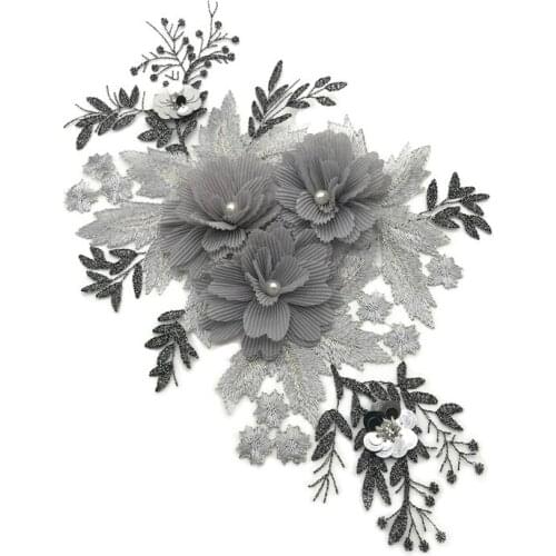 5pc 3D Grey Flowers Rhinestone Beads Pearl Appliques Lace Trims Embroidery Mesh Sew On Patches For Wedding Decoration DIY