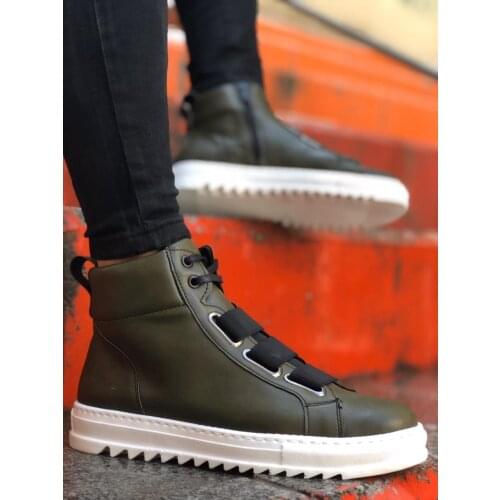 BA0060 3 Tape Waterproof Lace-Up Zipper Khaki Green White Base Men 'S Sports Boots
