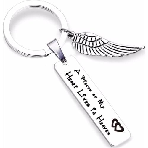 A piece of my heart lives in heaven unisex memorial key rings womens mens stainless steel angel wing charm key chains