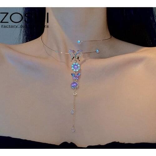 Korean Elegant Metal Round Chain Choker Jewelry For Women Girls Fashion Purple Crystal Butterfly Necklace