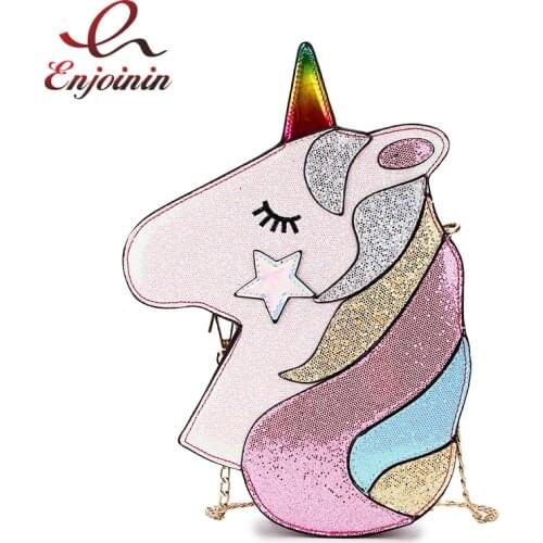 Cute Fantasy Fashion Unicorn Design Pu Leather Laser Girls Chain Purse Handbag Shoulder Bag Crossbody Mini Messenger Bag Flap