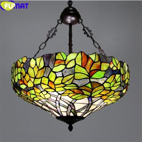 FUMAT Tiffany Style Anti Chandeliers Crown Stained Glass Pendant Lamp Rose Flower Sky Park Green Leaves Lotus 22" Lights Dimming