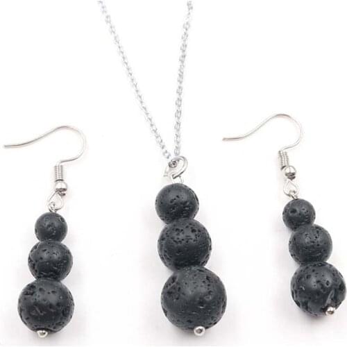 Fashion Ladies Black Volcano Beaded Balls Earring 3 Lava Beads Earring Pendant Aromatherapy Jewelry Set