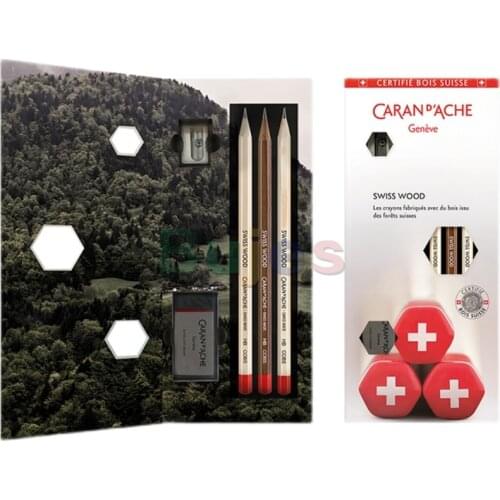 Caran d'Ache Pencils Swiss Wood Set,pine, beech and pine, graphite,Set consists of 2 pencils, 1 eraser and a sharpener