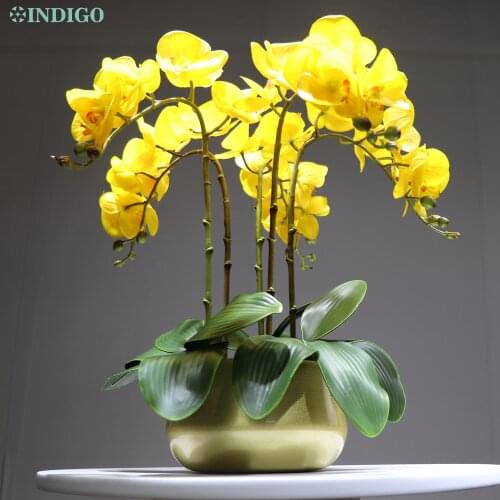 INDIGO- Yellow Moth Orchid DIY Flower Arrangment (5pcs Orchid+3Pcs Leaves+ Pot) Phalaenopsis Decoration Event Table Centerpiece