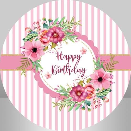 Pink and White Stripes Happy Birthday Photocall Floral Flowers Girl Birthday Party Background Decoration Circle Round Backdrop