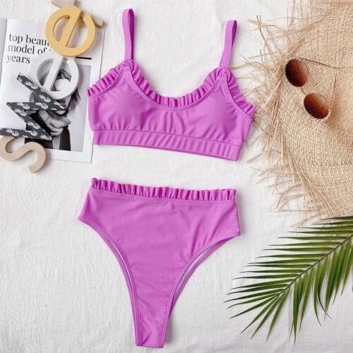 Sexy Solid Ruffled Hem Bikini Set Women High-Waisted Two Piece Swimsuit Lady Beach Bathing Suit Swimwear Biquini Bikini