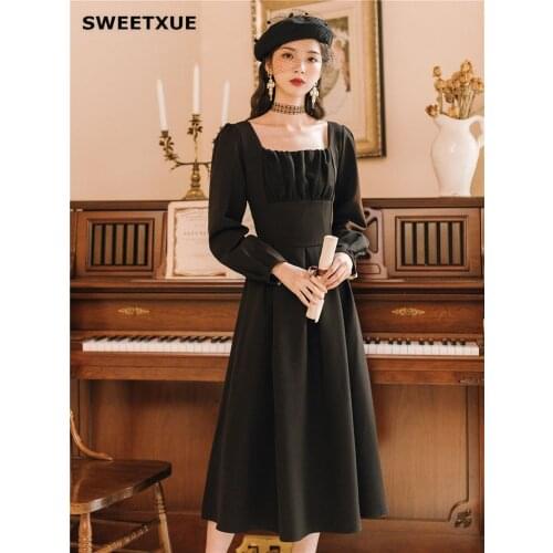 SWEETXUE Autumn Black Long Dress 2019 Fashion Womens Clothing High Waist Long Sleeve Square Collar Pleated Dresses Lady