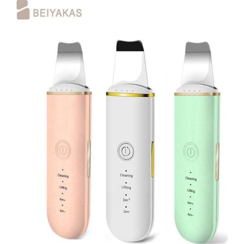 Ultrasonic skin scrubber facial ion cleaning vibrating spatula to blackhead acne exfoliating facial lifting machine