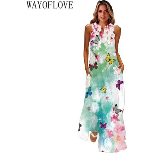 WAYOFLOVE Fashion Butterfly Print Green Dress 2021 Beach Casual Plus Size Long Dresses Summer Woman Sleeveless Maxi Dress Women