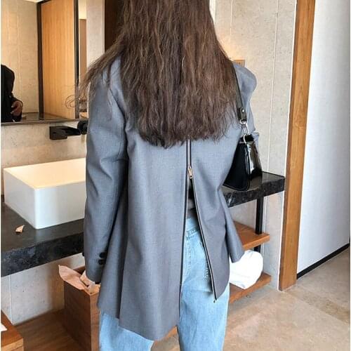 Women Gray Back Zipper Oversized Blazer Lapel Long Sleeve Loose Fit Suit Jacket Fashion Tide Spring Autumn 2021 Chaqueta Mujer