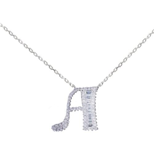 Women A-Z Alphabet Letter Pendant Necklace Rhodium Plated Clear Cubic Zirconia CZ Jewelry Cable Chain 40+5cm LYP0001