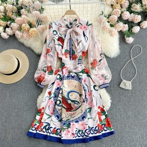 Summer Fashion Boho Long Dresses Womens Mesh Lantern Sleeve Flowers Printed Elastic Waist Holiday Elegant Pleated Bow Dress New