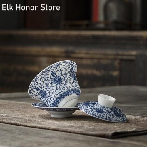 125ml Ceramic Whiteware Tea Set Blue Pattern Cover Bowl Sweet Ceramic Whiteware Full Color Bowl Pu 'er Tea Bowl Gaiwan