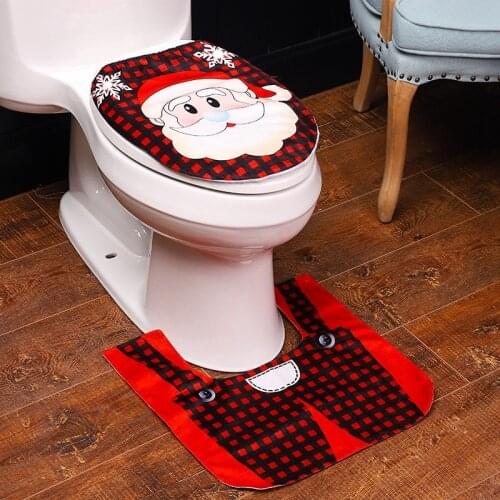2Pcs Christmas Toilet Seat Cover Santa Clause Snowman Pattern Toilet Foot Pad Area Rugs Home Bathroom Accessories Xmas Decor