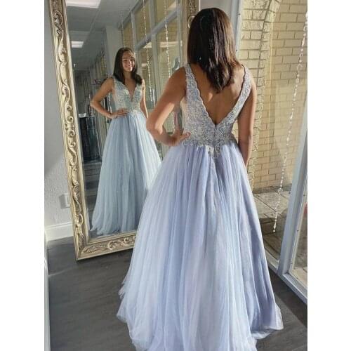 Sweet V-neck Formal Evening Dress with Lace Appliques A-line Long Prom Dresses