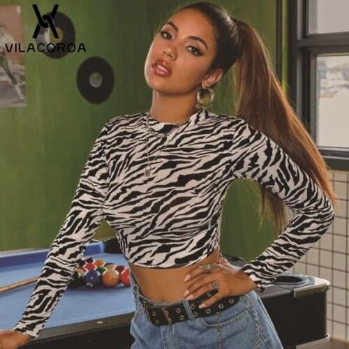 Long Sleeve T-Shirt Round Neck Women Tops Zebra Print High Street Sexy Backless Lace-Up Crop Top Vintage Skinny Female Tee Shirt