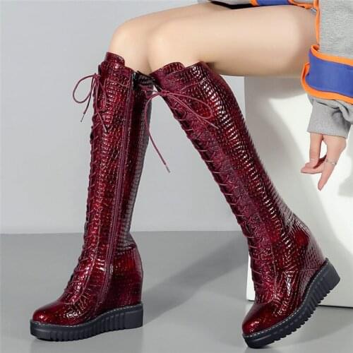 Fashion Sneakers Women Genuine Leather Wedges High Heel Knee High Military Boots Female Winter Round Toe Platform Pumps Shoes