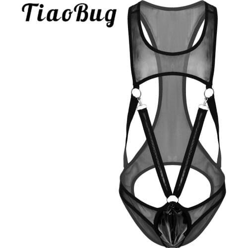 Mens Hot Sexy Lingerie See-through Mesh Singlet Bodysuit Patent Leather Bulge Pouch Leotard Strappy O-ring Erotic Sexy Jumpsuit