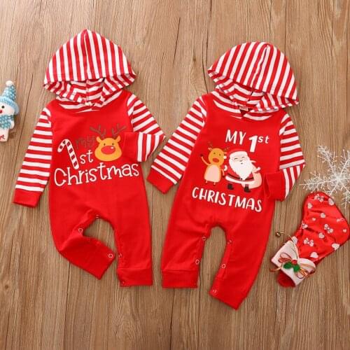 New My 1st Christmas Clothes Newborn Baby Boys Girls Hooded Rompers Long Sleeve Print Striped Jumspuit Xmas Clothing 0-12M