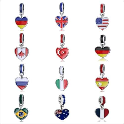New Original National Flag Love Heart Shape Pendant Diy Bead Fit Original Pandora Charms Bracelet Necklace for Women Jewelry
