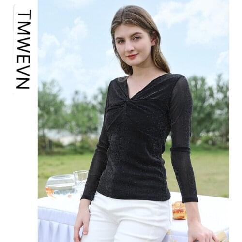 Autumn and Winter Womens New Style V-neck Slim-fit Pullover Ladies Solid Color T-mesh Bottoming Shirt