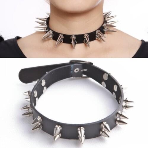 Harajuku Heavy Metal Lolita Handcrafted Leather Collar Double Row Spikes Studded Spiked Choker Necklace