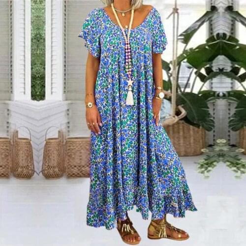 Summer Women Maxi Dresses 2021 Plus Size Floral Print Short Flying Sleeve Loose Flowy Deep V-Neck Beach Evening Party Dress 3XL