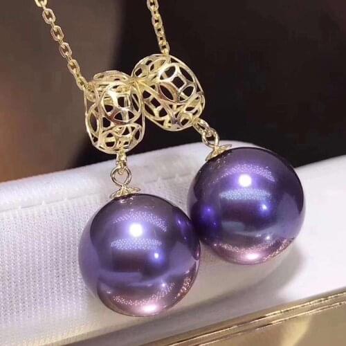 D128 Pearls Pendants 10mm 18K Gold Fresh Water Purple Pearls Pendants Necklaces for Women FIne Pearls Pendants