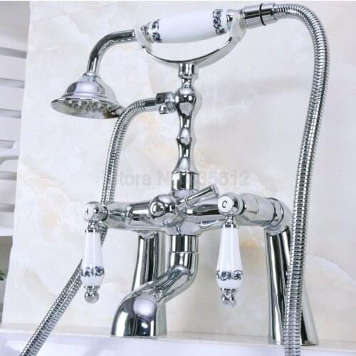 Polished Chrome Bathroom Shower Faucet Deck Mounted Bathtub Faucets Dual Handle Mixer Tap with Hand Spray tna114