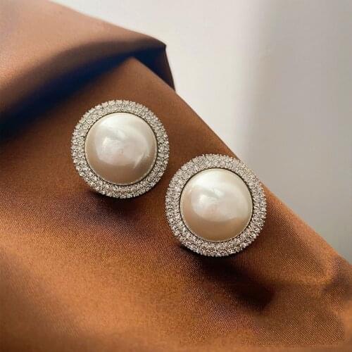 Luxury Female Big White Pearl Earrings Yellow Gold Silver Color Stud Earrings For Women Vintage Bridal Round Wedding Earrings