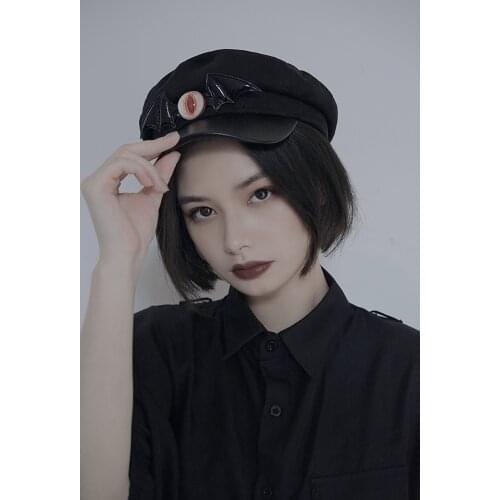Ruibbit Punk Rock Gothic Black Bat PU Leather Patchwork Wool Beret Cap Harajuku Vintage Lolita Beret Hats Womens Hats