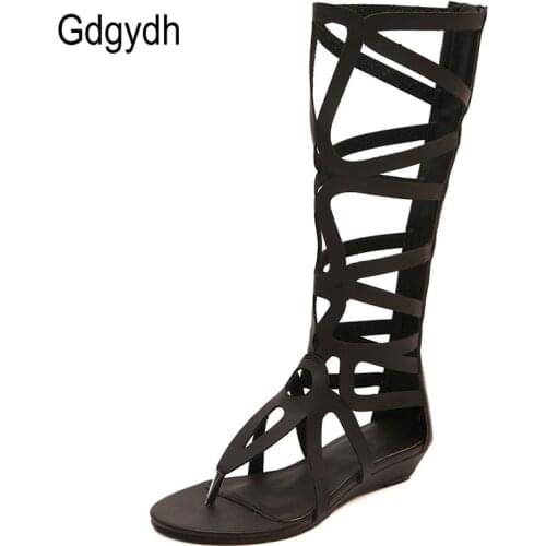 Gdgydh Zapatos Mujer Verano 2021 Sandalia Knee High Sandals Gladiator Open Toe Cross Strappy Black Gold Zipper Cut-Outs Wedge