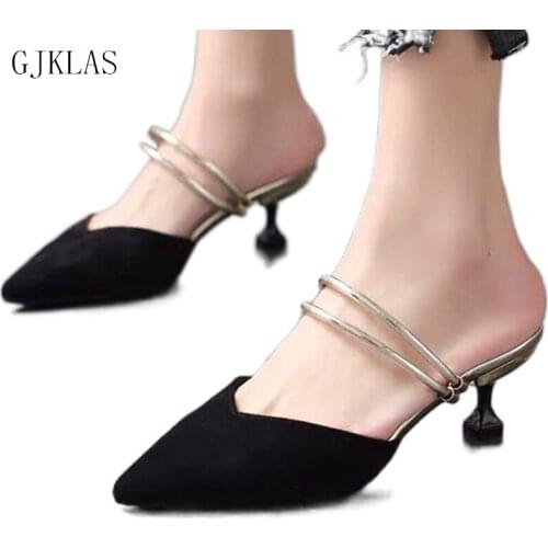 Ladies Sandals Summer Shoes Kitten Heels Pointed Toe Woman Slippers Fashion Mules Shoes for Women Black Green Sandals Comfort