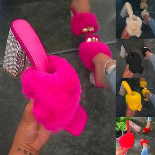 Spring Summer 2021 Women Fur Rubber High Heel Shoes Rhinestone Platform Outdoor Leisure Slippers Square Toe Sexy Party Sandals