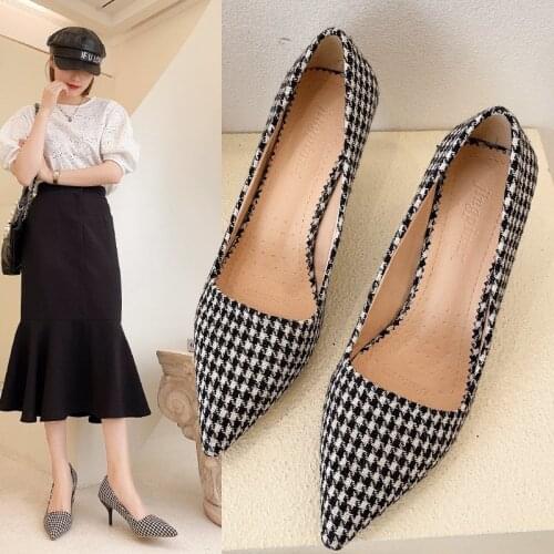 Spring Autumn Women Plaid Pumps Pointed Toe High Heels Dress Shoes Jacquard Fabric Boat Shoes Thin Heel Ladies Shoes 9350N