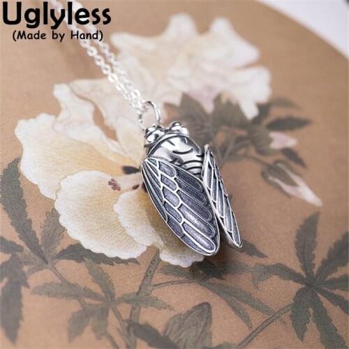 Uglyless Thai Silver Cicada Pendants for Women Handmade 925 Silver Cicadas Insects Necklaces Ethnic Gifts Jewelry Retro + Chains