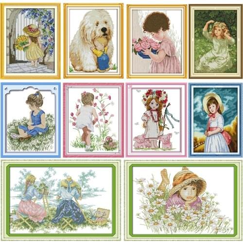 Needlework Cross Stitch A Little Girl In The Flower DMC 11CT 14CT Stamped Cross Stitch Kit Cross-stitch Kit Embroidery Decor Set