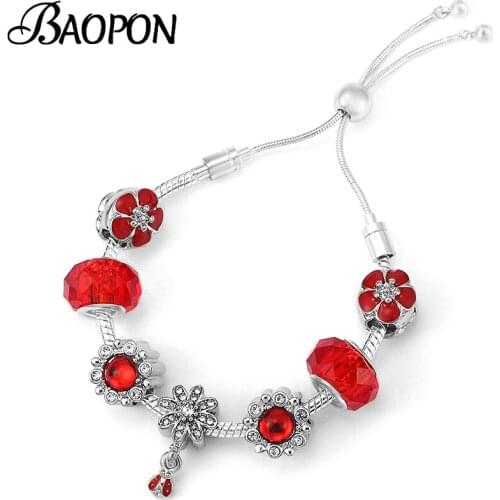 BAOPON High Quality Crystal Red Flower Beads Charm Bracelets With Adjustable Chain Bracelets Bangles For Women DIY Jewelry Gift