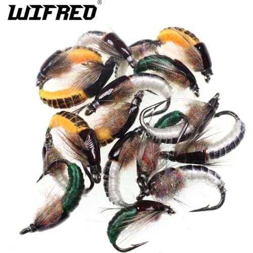 Wifreo 12PCS Fly Fishing Nymph Scud Worm Fly Realistic Aritificial Insect Bait Lures with Hook Size 8 10 12